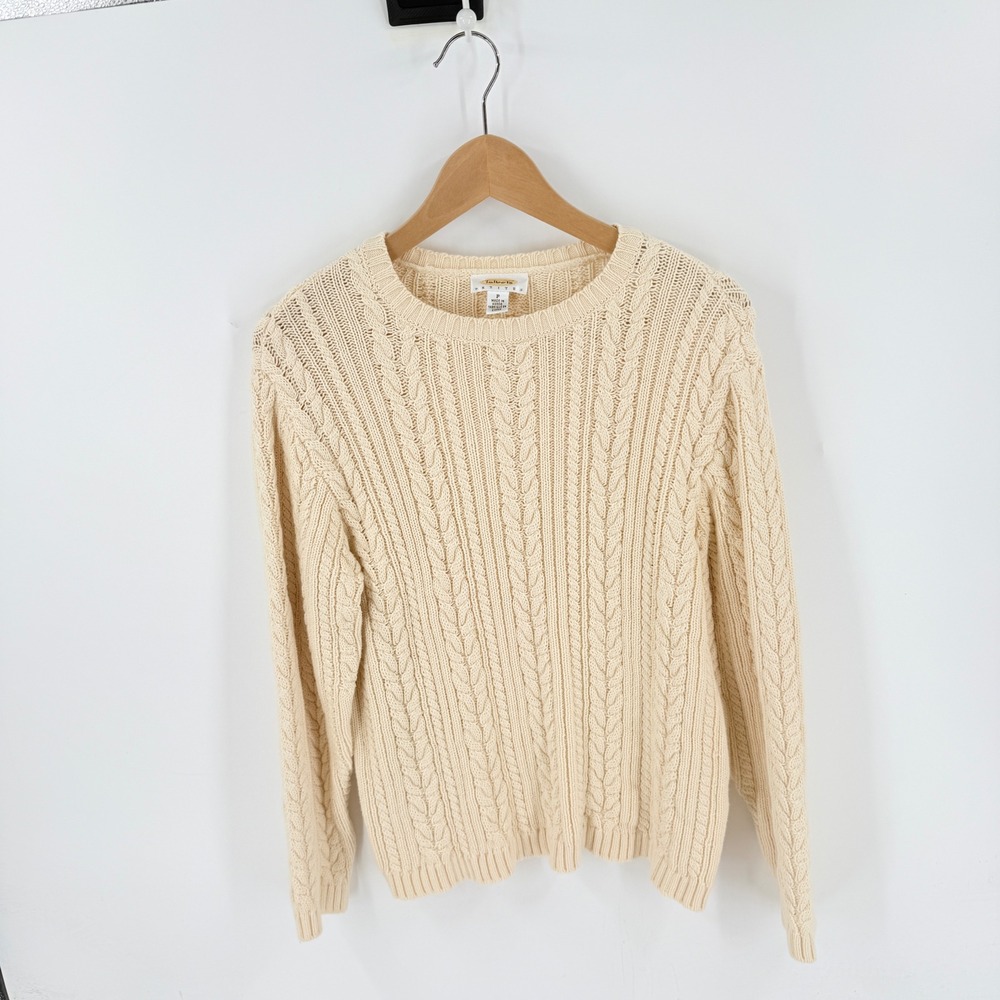 Vintage Talbots Cable Knit Sweater Cream Petite P Cotton Crewneck Fisherman Cozy